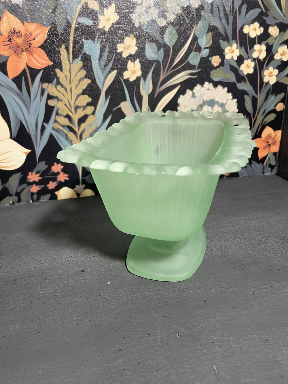 Frosted Sea Green Pedestal Compote Candy Dish MCM Vintage